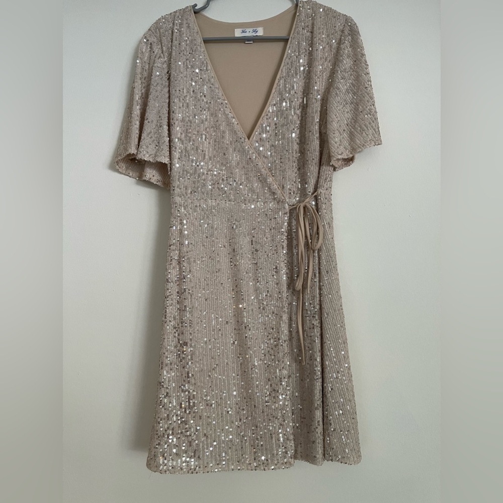 She & Sky Champagne Color Wrap Dress - Size S